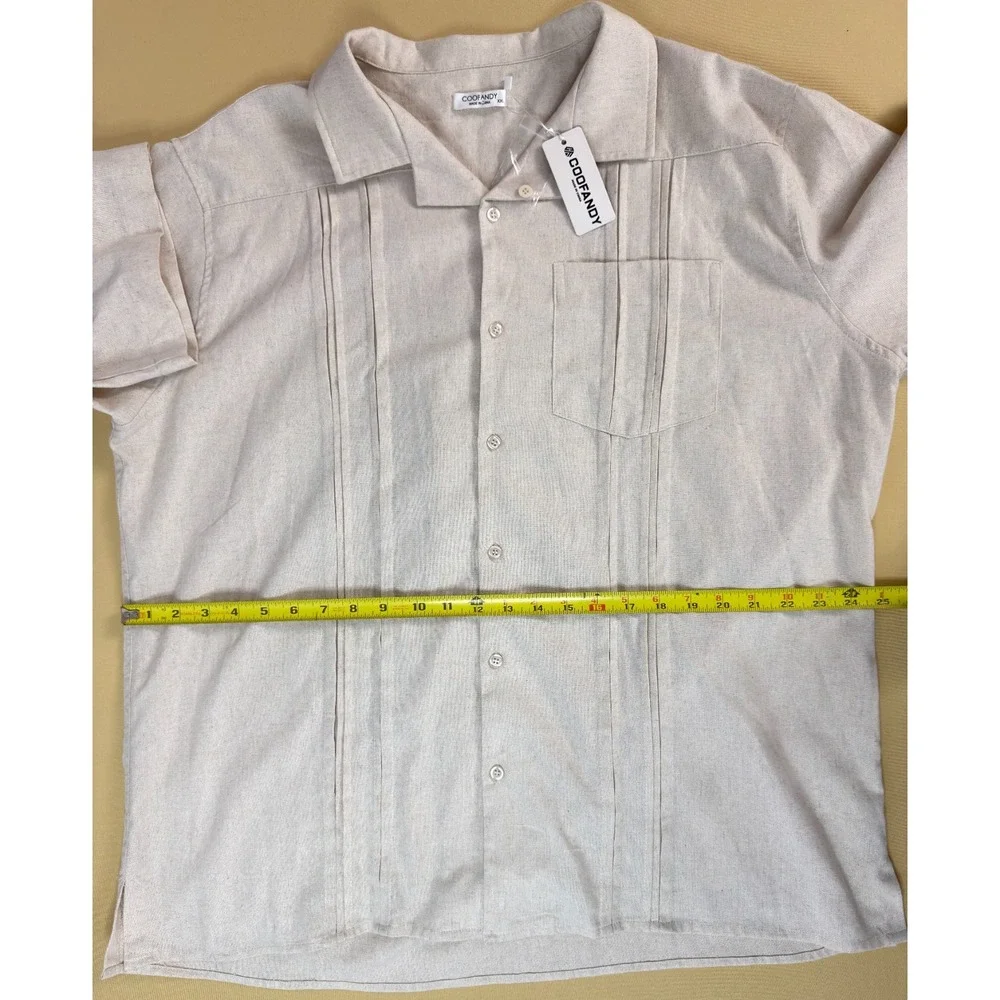 NEW COOFANDY Men's XXL Guayabera Shirt‎ Tan Linen Blend Short Sleeve Cuban Beach